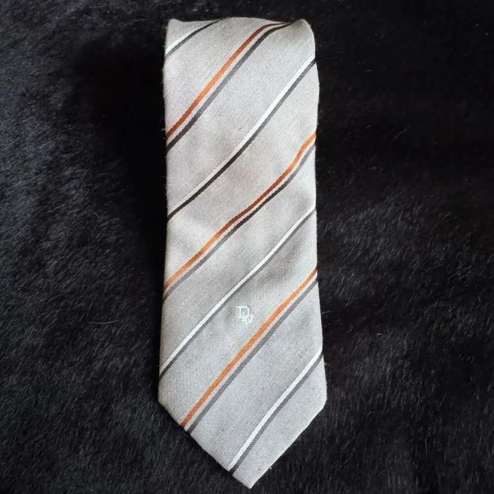 Christian Dior Vintage Stripe Tie Polyester Linen Tan Brown Orange Embroidered